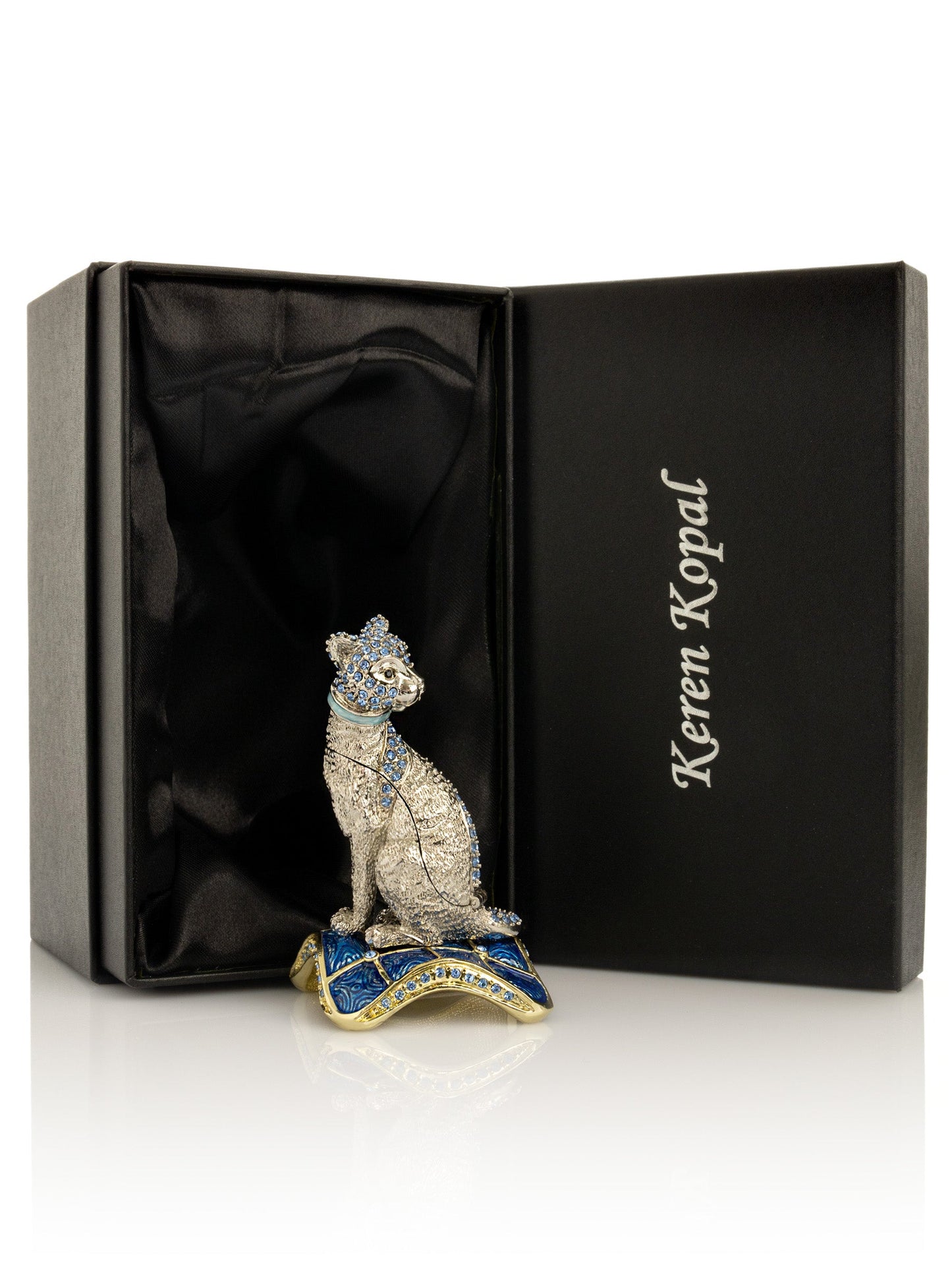 Elegant Silver Cat Trinket Box with Blue Crystals