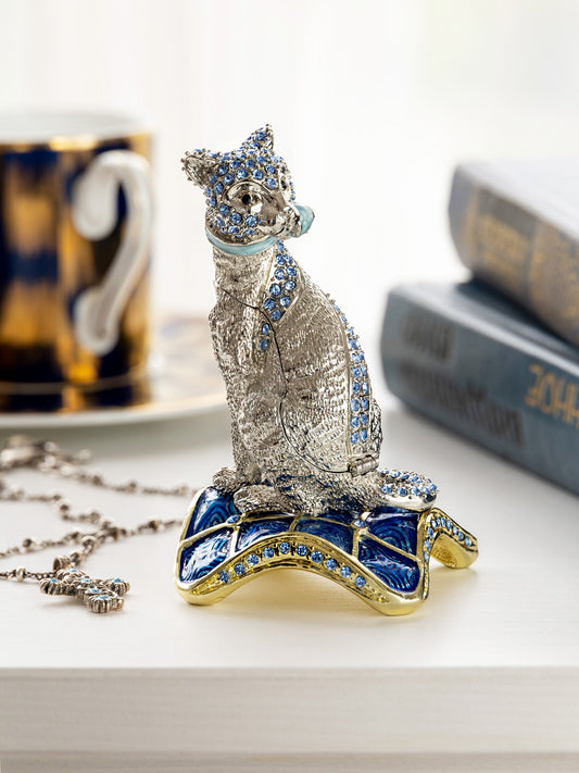Elegant Silver Cat Trinket Box with Blue Crystals
