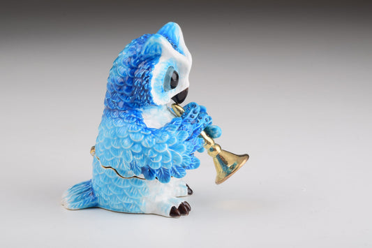 Keren Kopal Blue Owl Playing Trumpet Trinket Box