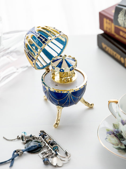 Keren Kopal Blue and Gold Faberge Egg with Horse Carousel Surprise Inside