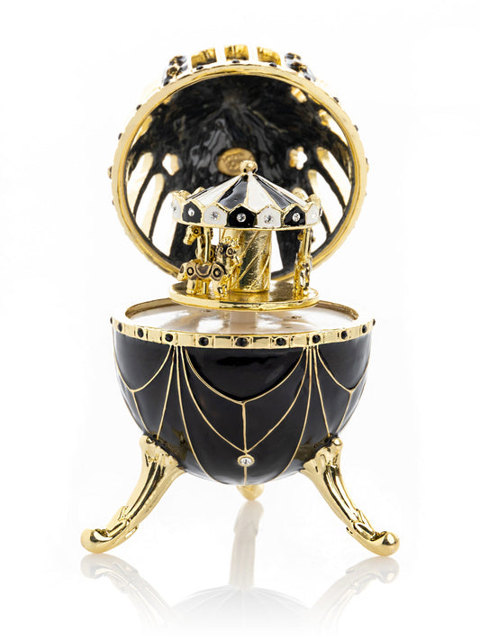 Keren Kopal Black and Gold Faberge Egg with Horse Carousel Surprise Inside