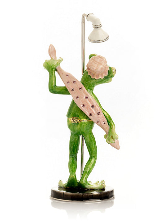 Frog Taking a Shower Trinket Box with Pink Towel