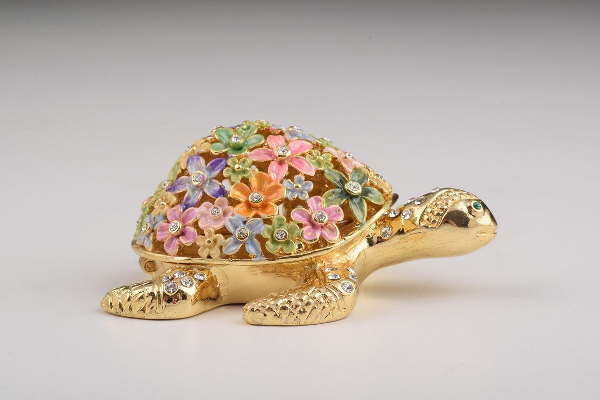 Keren Kopal Gold Turtle with Colorful Flowers Trinket Box