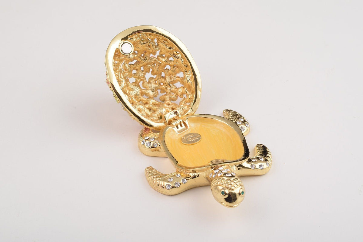 Keren Kopal Gold Turtle with Colorful Flowers Trinket Box
