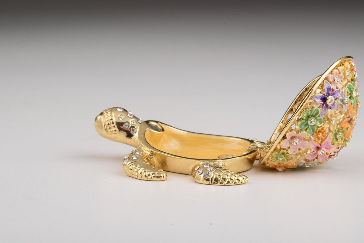 Keren Kopal Gold Turtle with Colorful Flowers Trinket Box