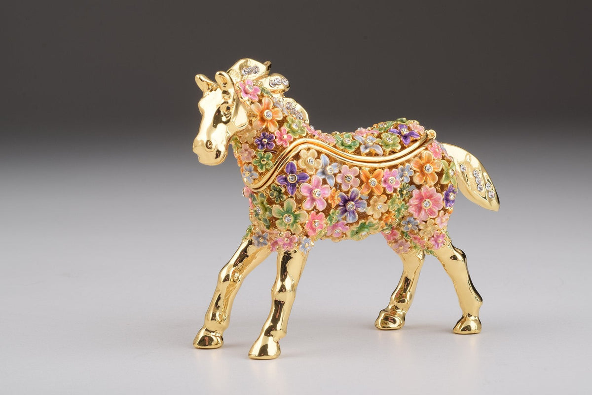 Keren Kopal Gold with Colorful Flowers Horse Trinket Box