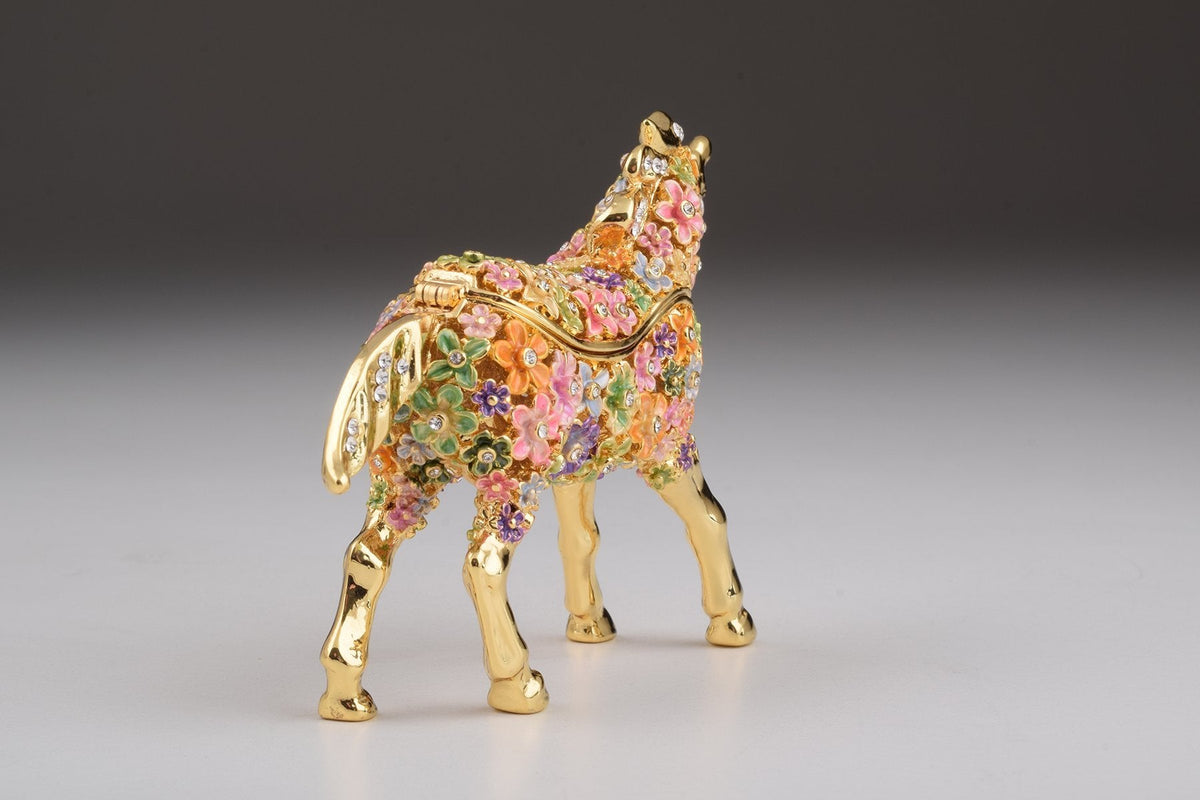 Keren Kopal Gold with Colorful Flowers Horse Trinket Box