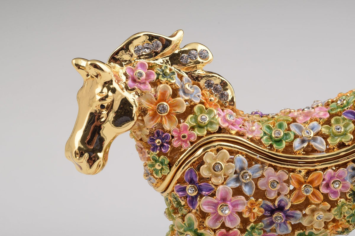 Keren Kopal Gold with Colorful Flowers Horse Trinket Box