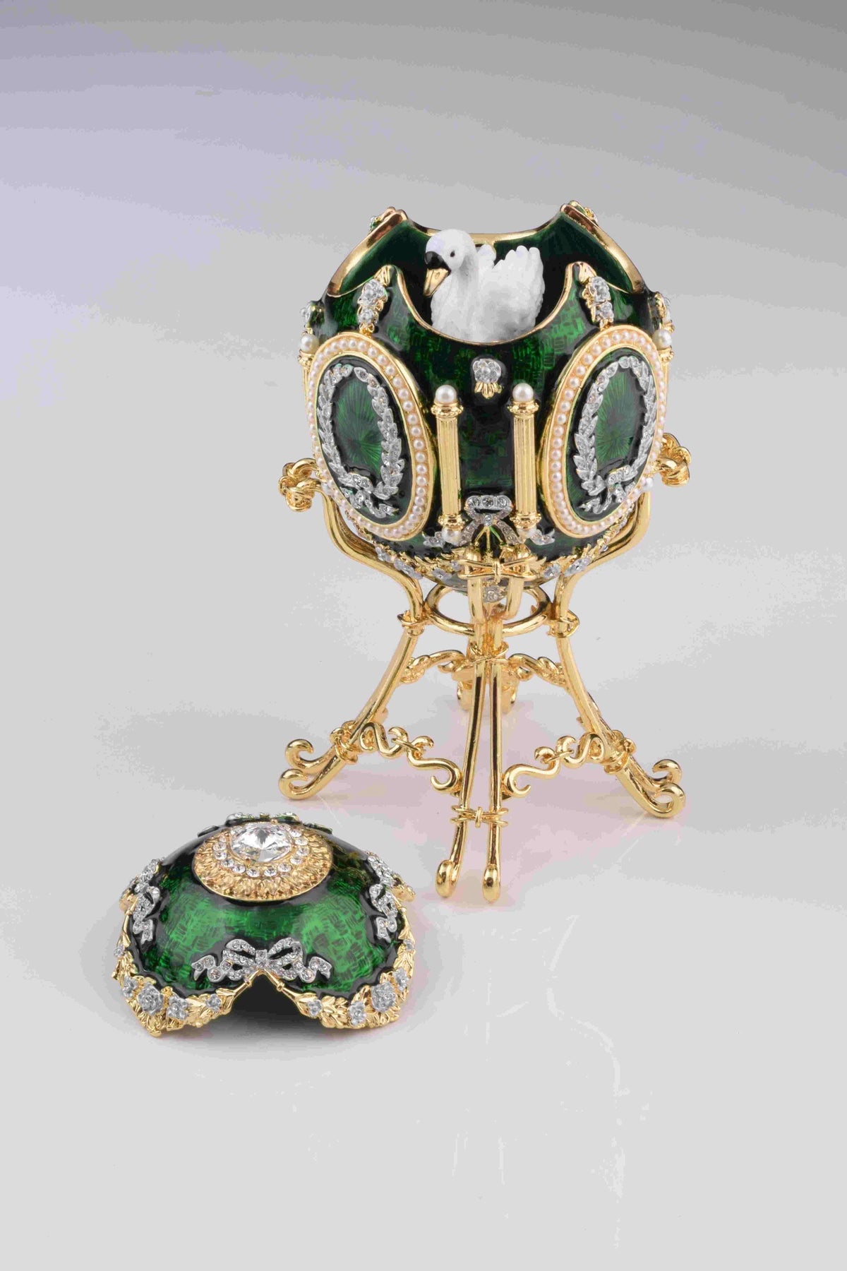 Keren Kopal Green Faberge Egg with Swan Inside