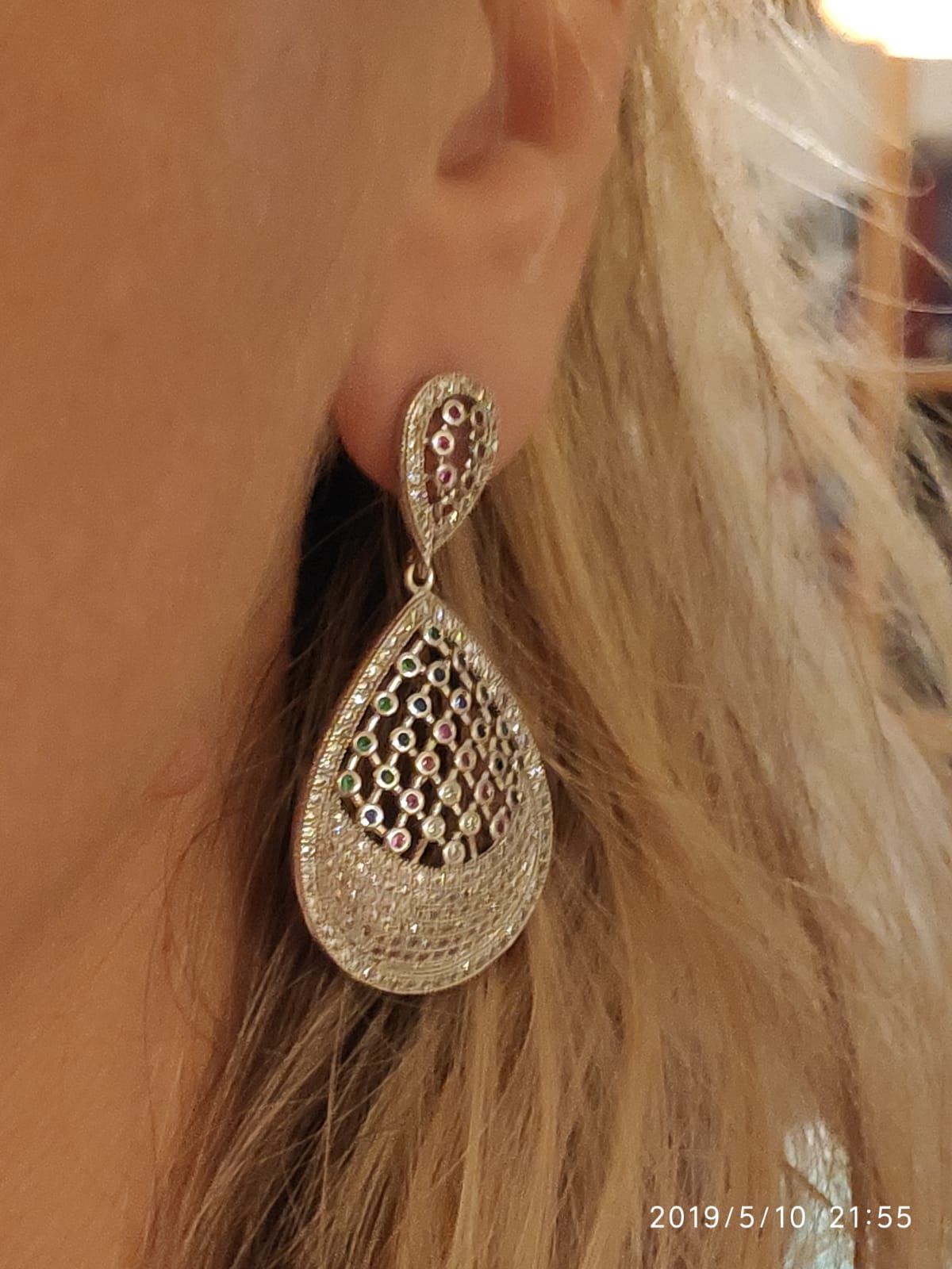 Platinum plated earrings with small white and colored round zirconia