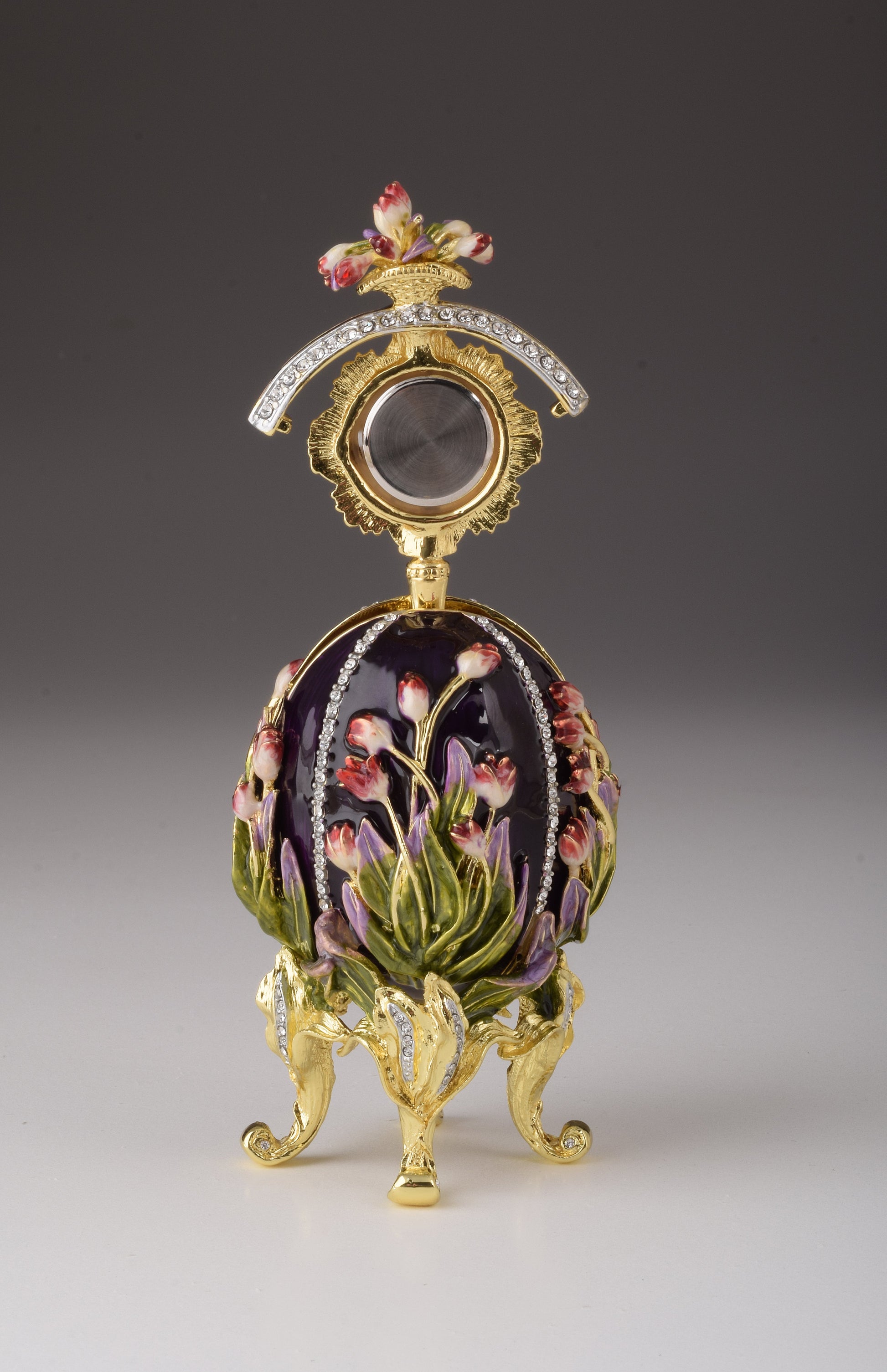 Keren Kopal Purple tulip Egg Trinket Box & Clock Russian Egg