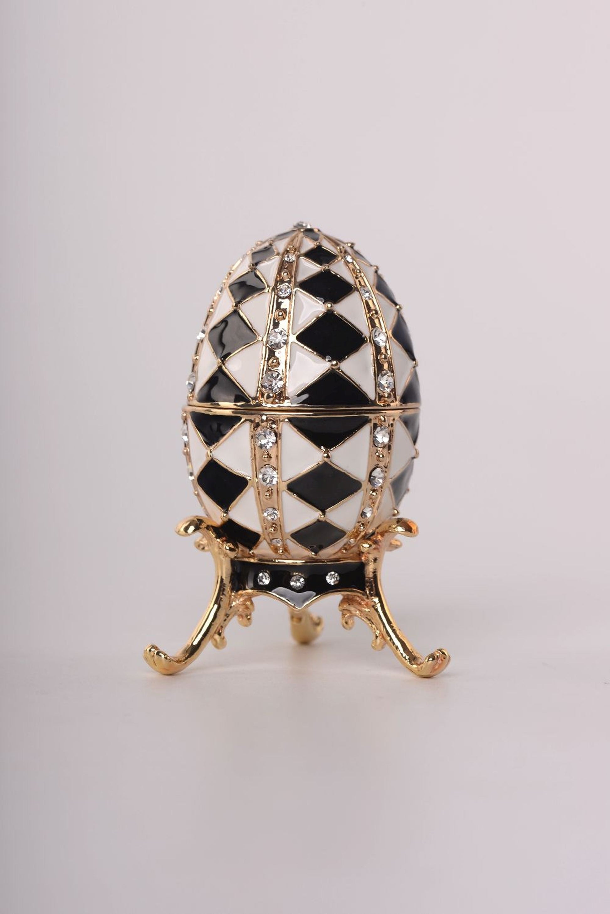 Keren Kopal Black and White Faberge Egg with Gold Necklace Inside