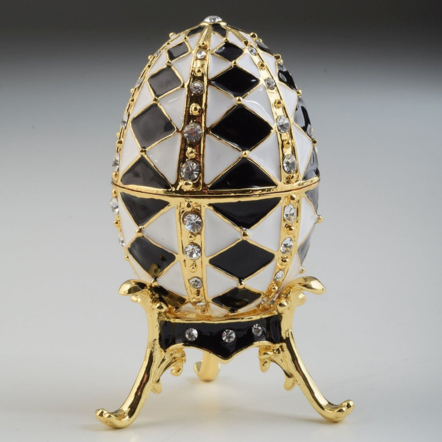 Keren Kopal Black and White Faberge Egg with Gold Necklace Inside