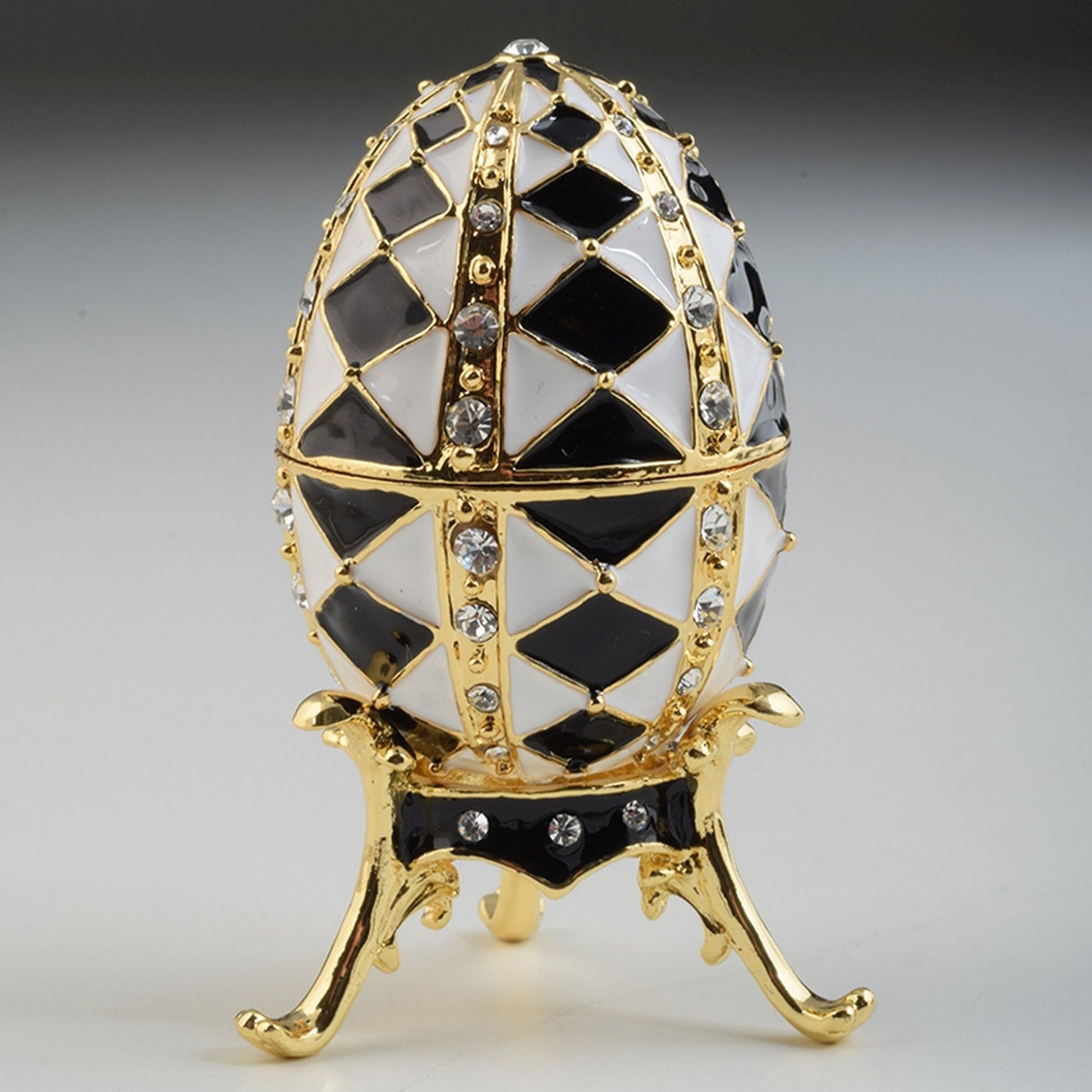 Keren Kopal Black and White Faberge Egg with Gold Necklace Inside