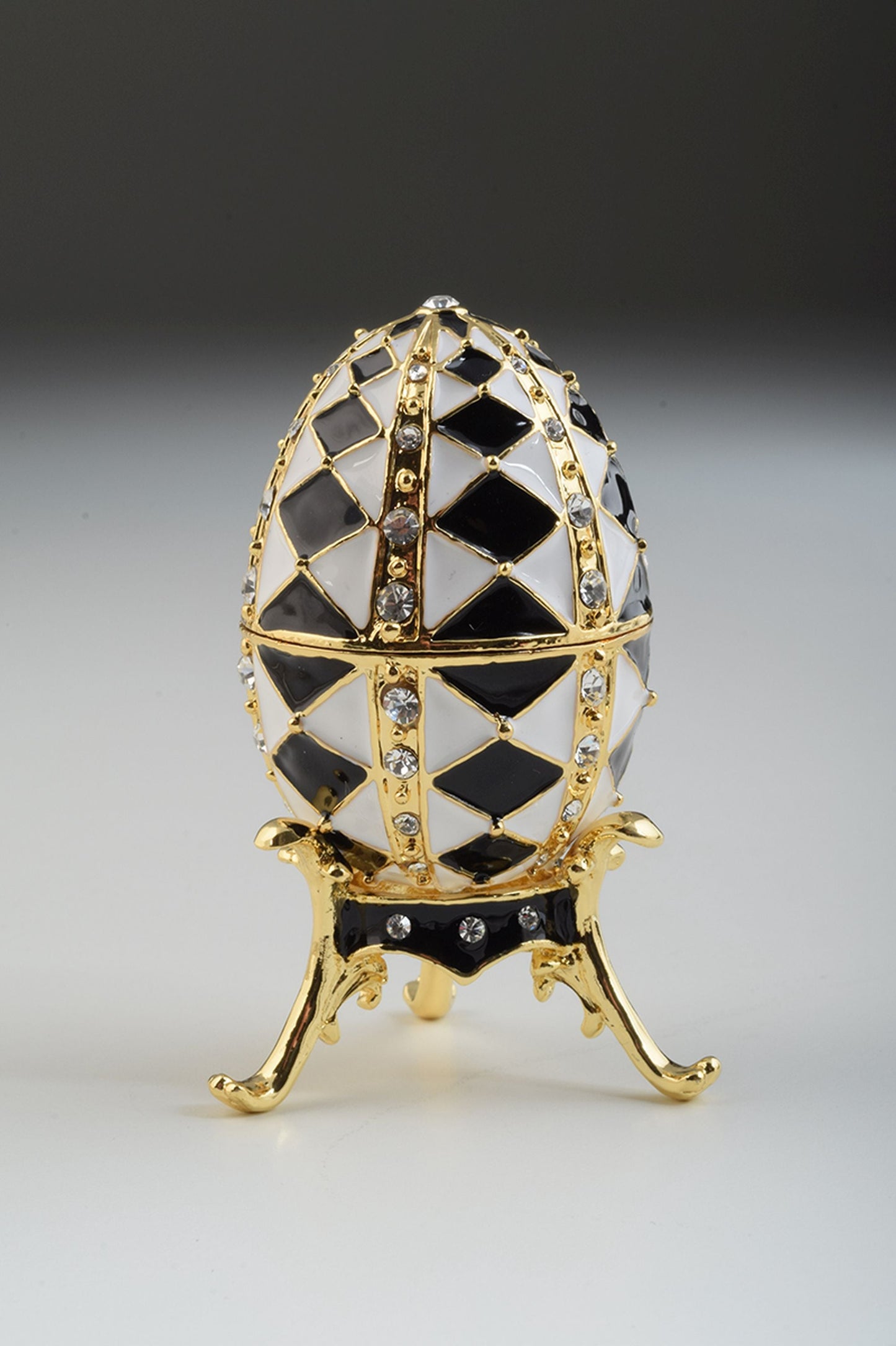 Keren Kopal Black and White Faberge Egg with Gold Necklace Inside