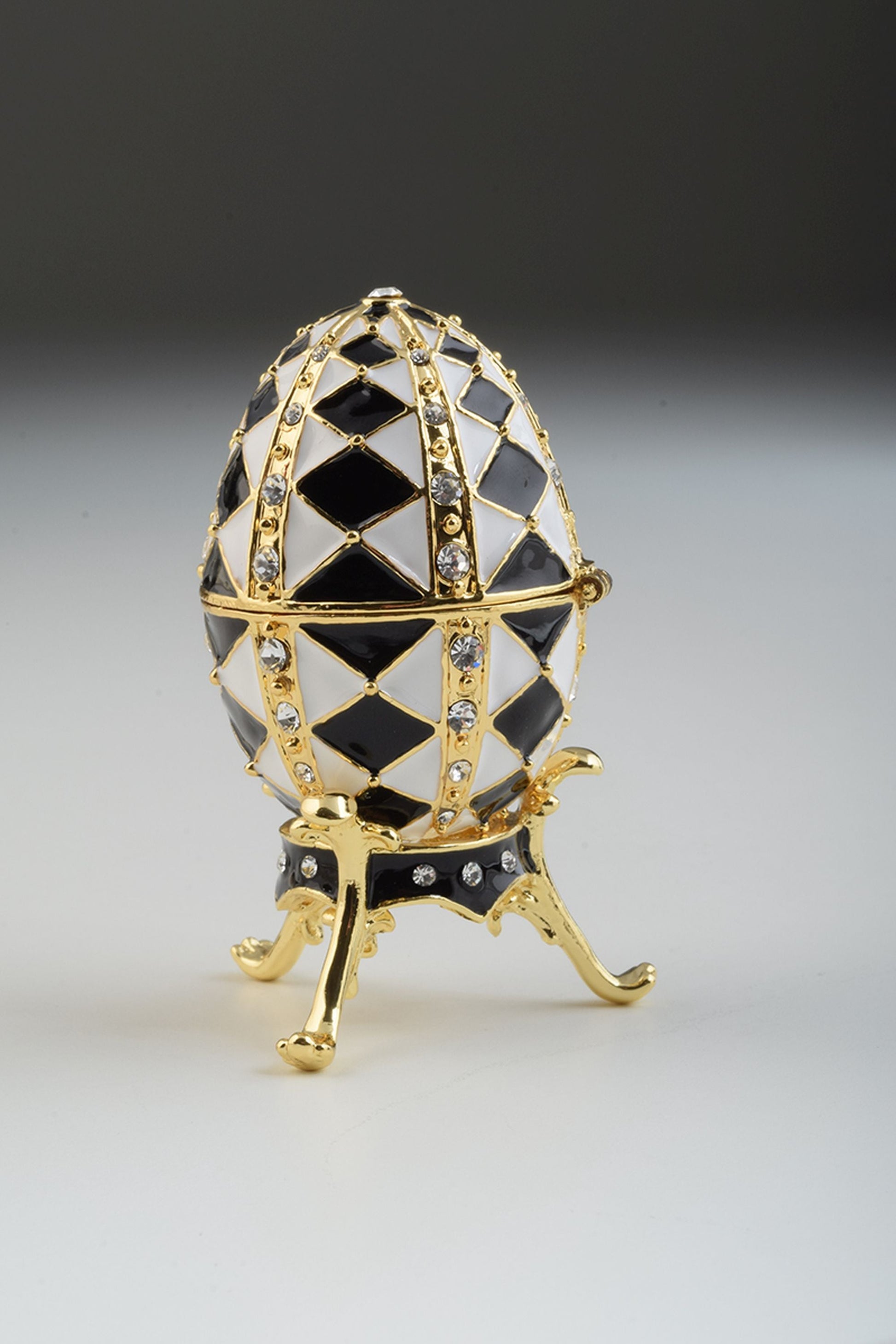 Keren Kopal Black and White Faberge Egg with Gold Necklace Inside