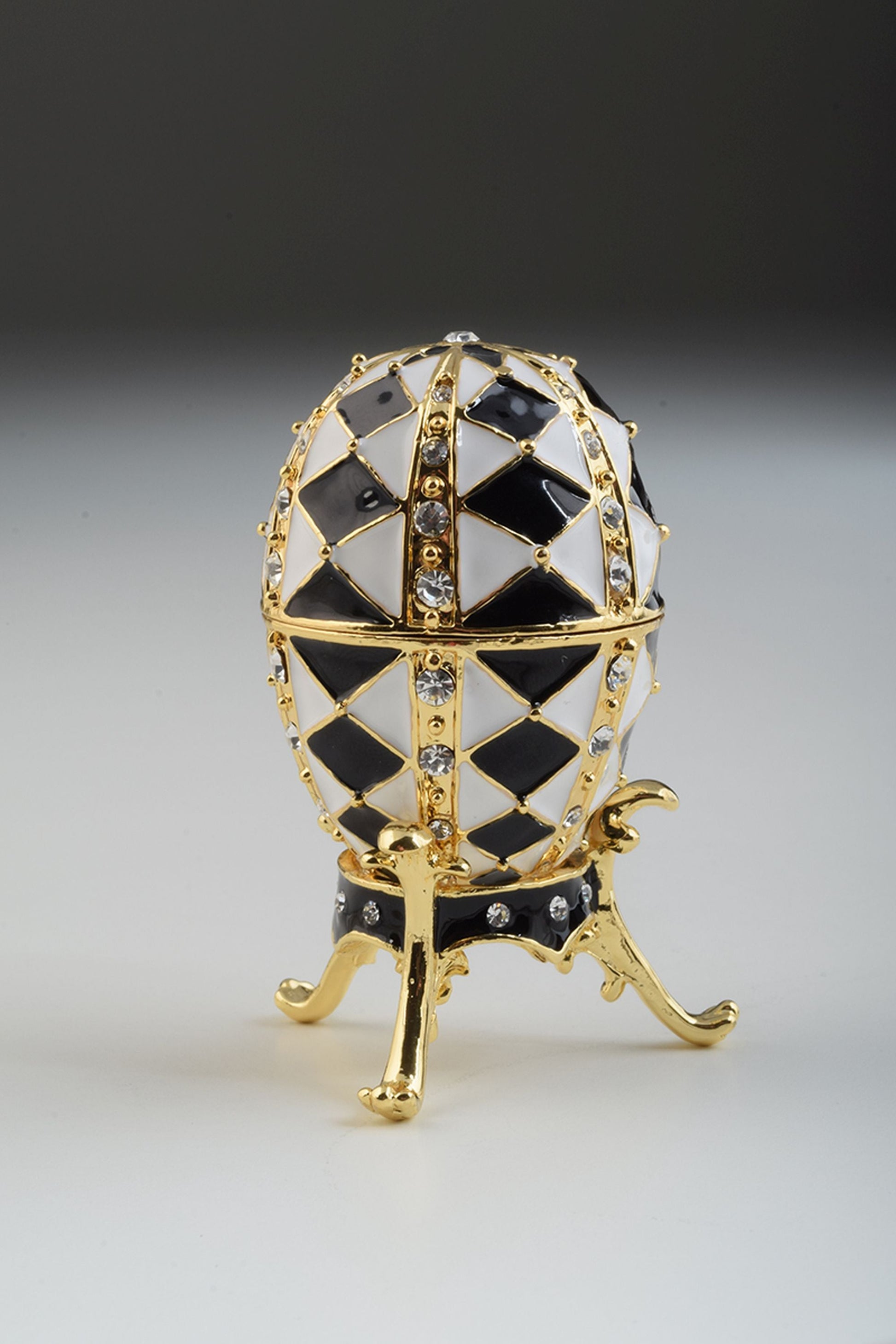 Keren Kopal Black and White Faberge Egg with Gold Necklace Inside