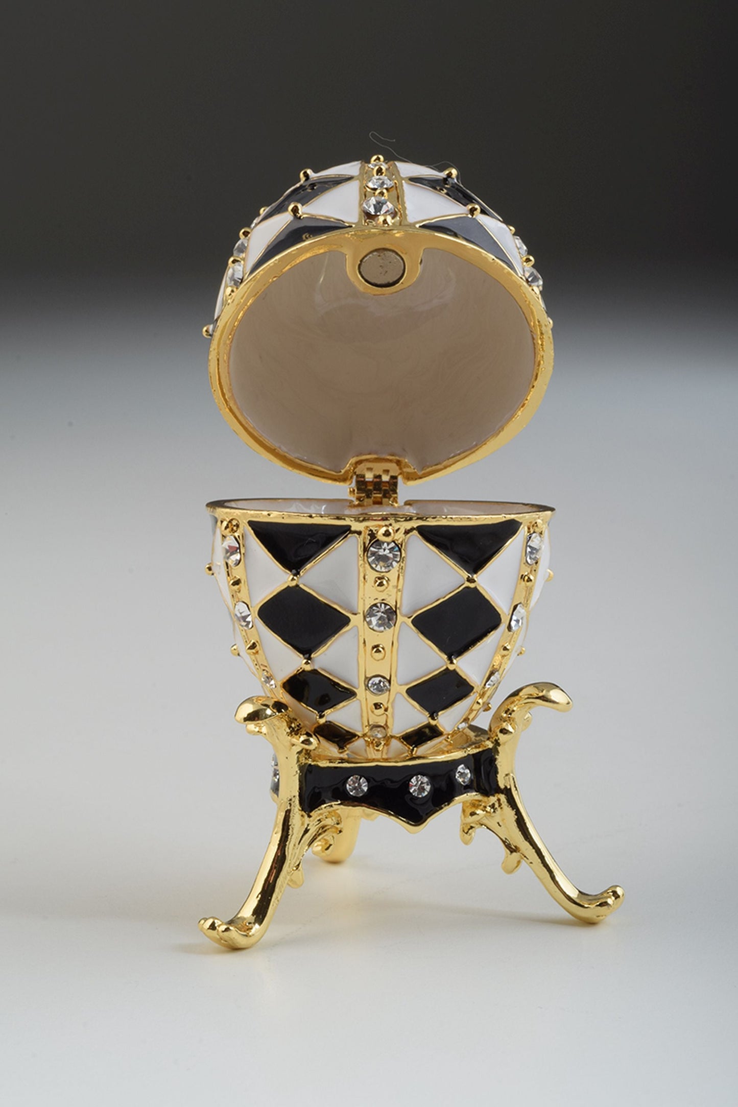 Keren Kopal Black and White Faberge Egg with Gold Necklace Inside