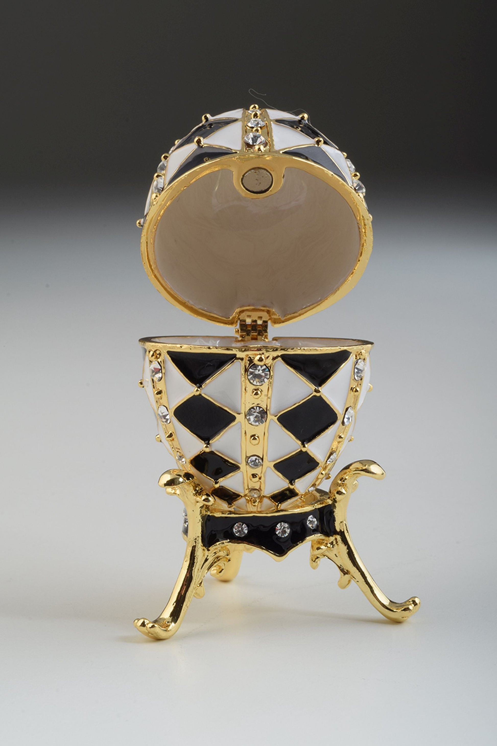 Keren Kopal Black and White Faberge Egg with Gold Necklace Inside