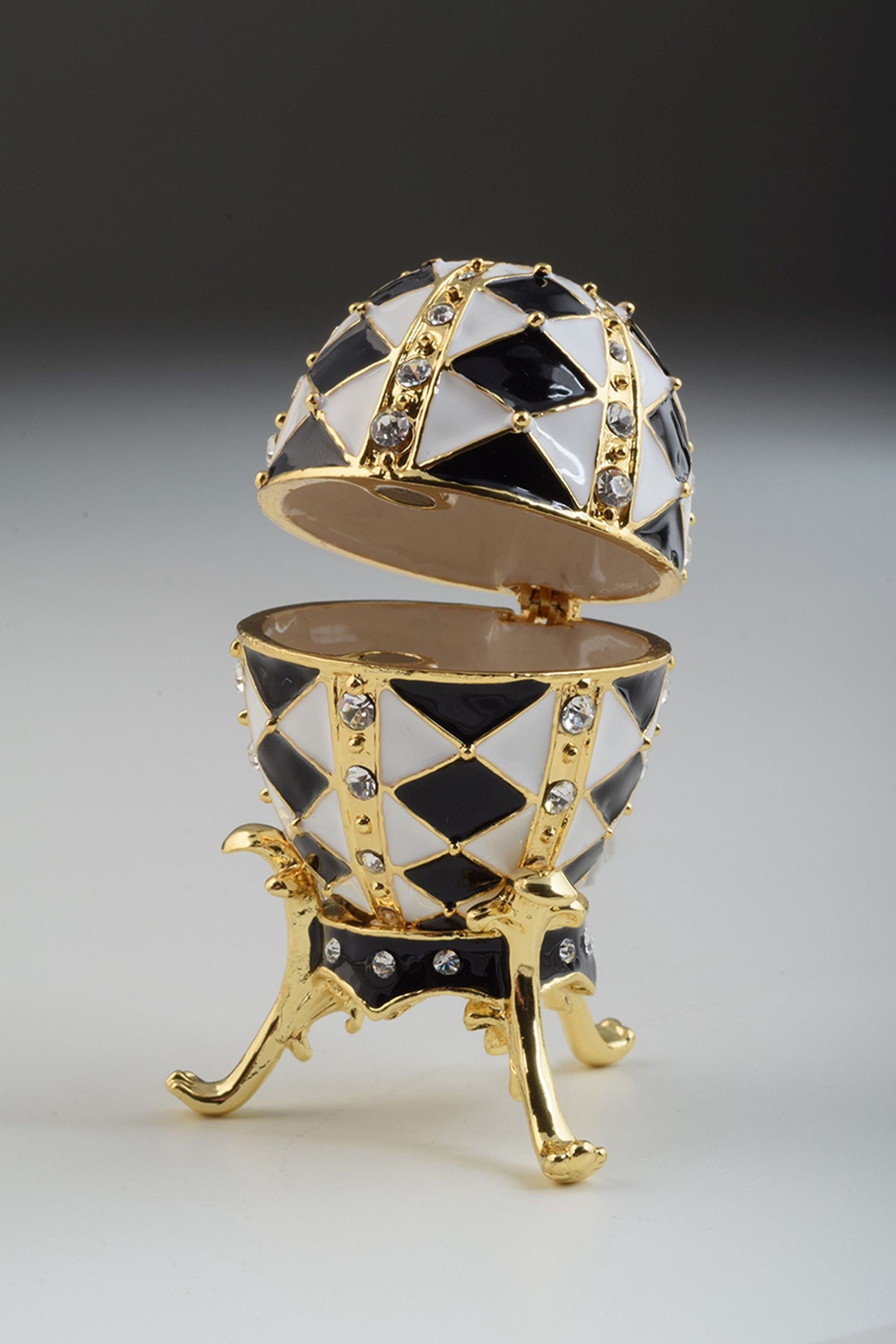 Keren Kopal Black and White Faberge Egg with Gold Necklace Inside