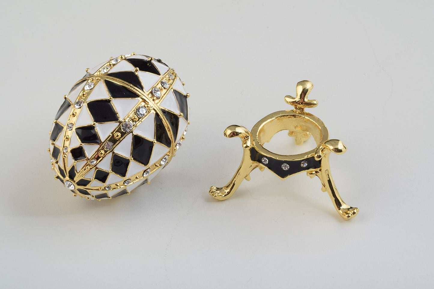 Keren Kopal Black and White Faberge Egg with Gold Necklace Inside