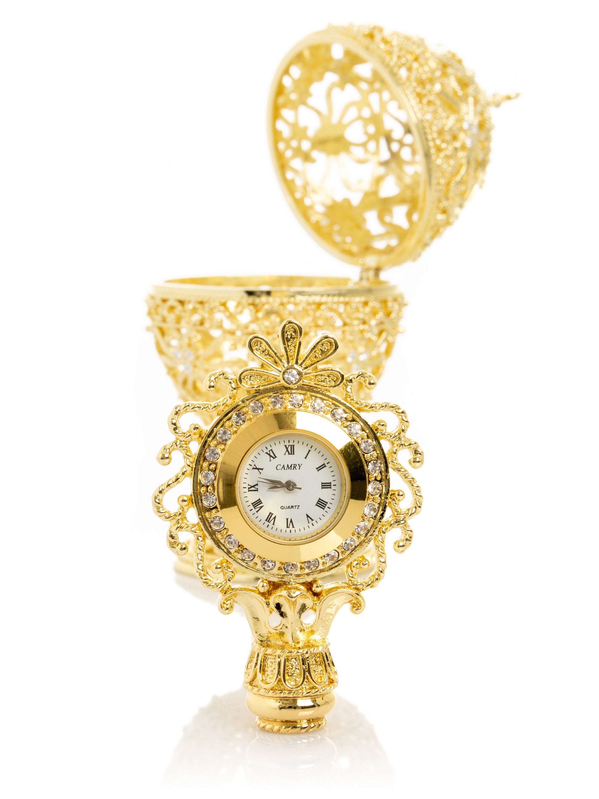 Keren Kopal Gold Faberge Egg with Clock Inside