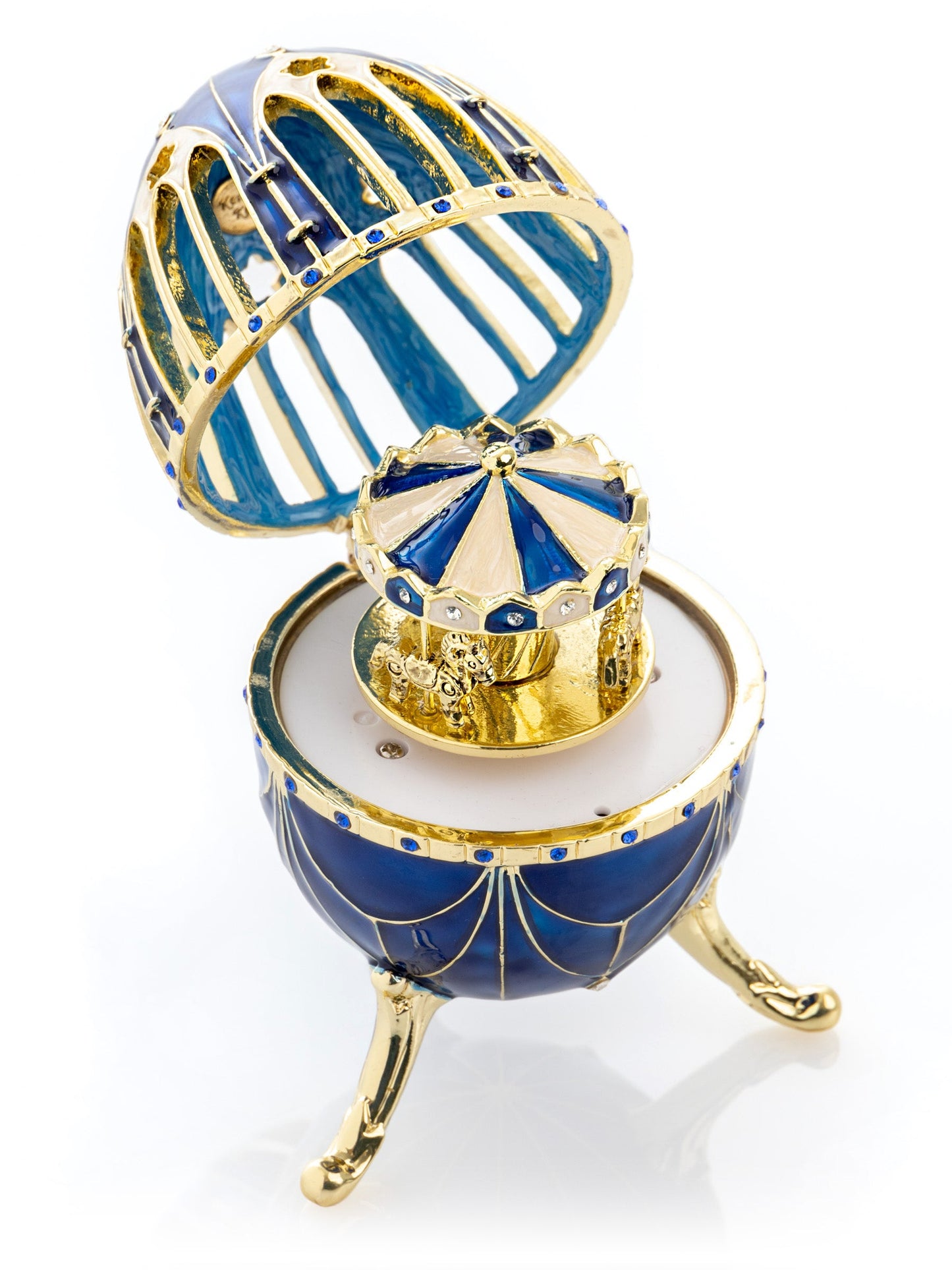 Keren Kopal Blue and Gold Faberge Egg with Horse Carousel Surprise Inside