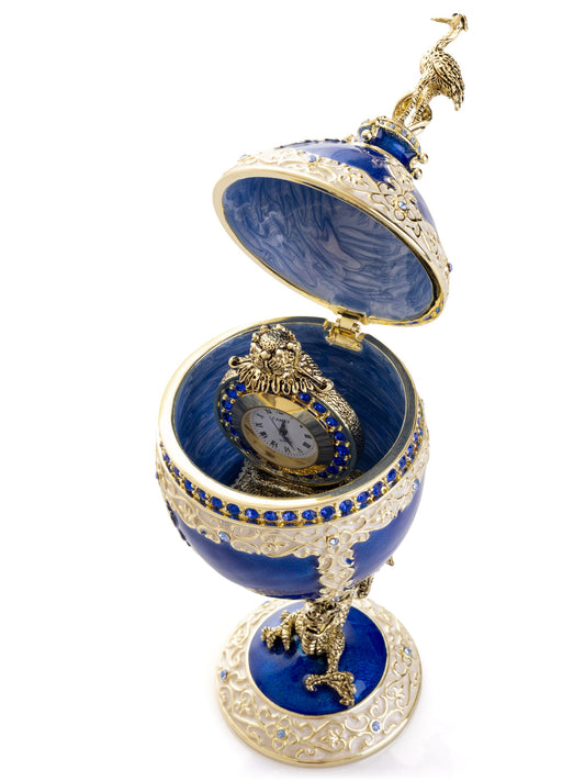 Luxurious Blue-Gold Egg with Clock with Dragon Pedestal and Bird Ornament