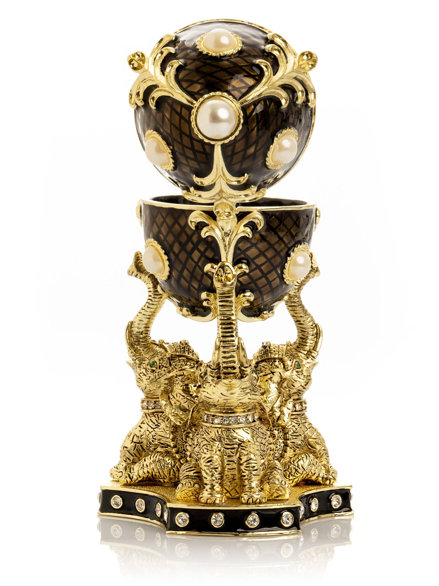 Regal Brown and Gold Enamel Egg with Elephant Pedestal