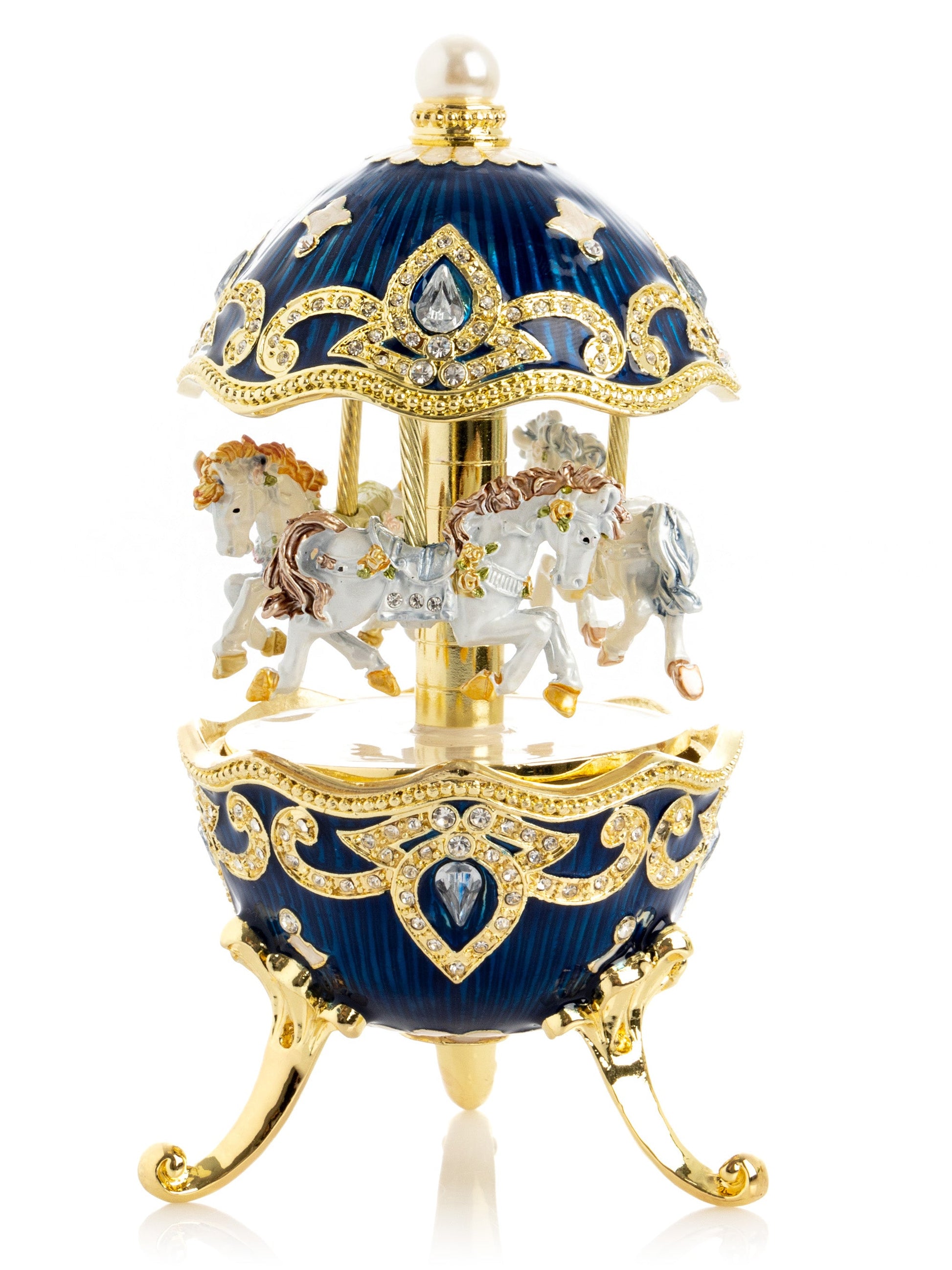 Blue Wind up Horse Carousel Faberge Egg - Exquisite Decor