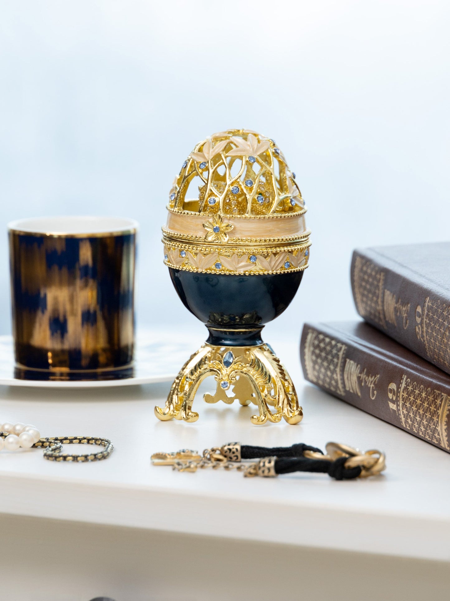 Keren Kopal Golden Blue Faberge Egg with a Golden Elephant