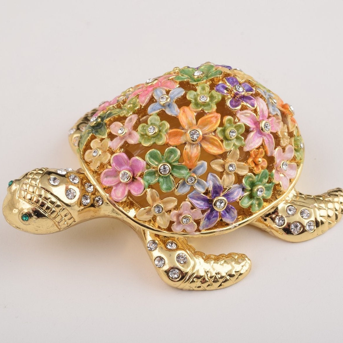Keren Kopal Gold Turtle with Colorful Flowers Trinket Box
