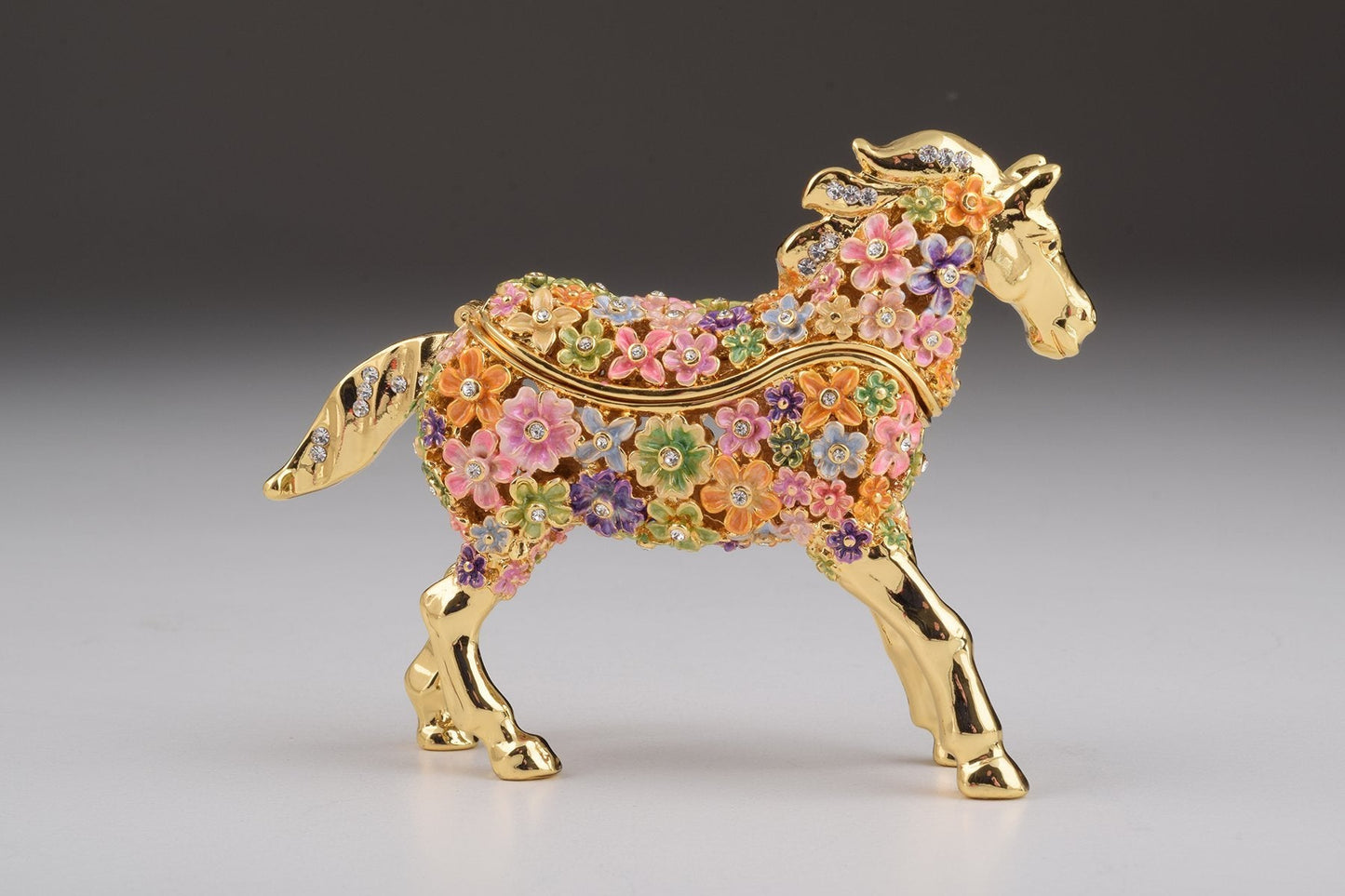 Keren Kopal Gold with Colorful Flowers Horse Trinket Box