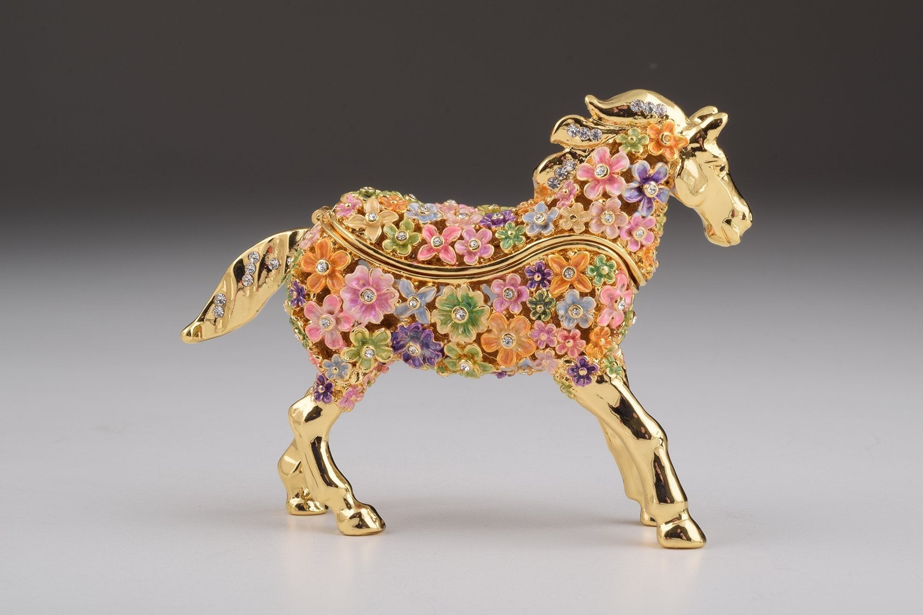Keren Kopal Gold with Colorful Flowers Horse Trinket Box