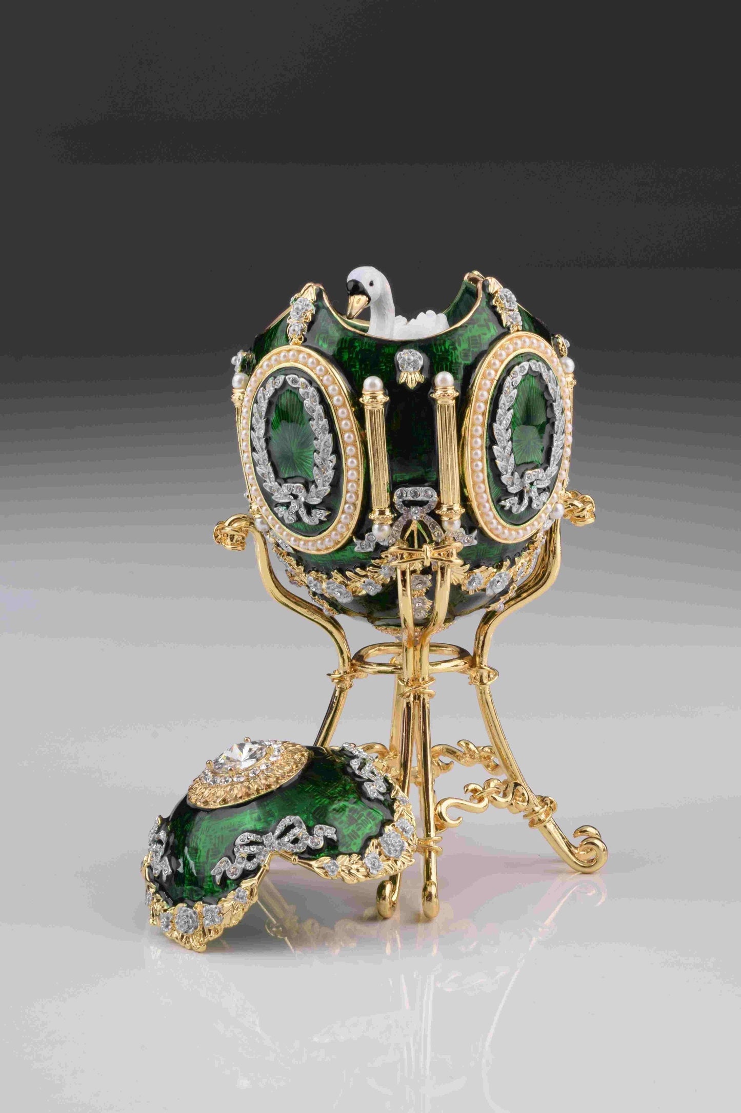 Keren Kopal Green Faberge Egg with Swan Inside