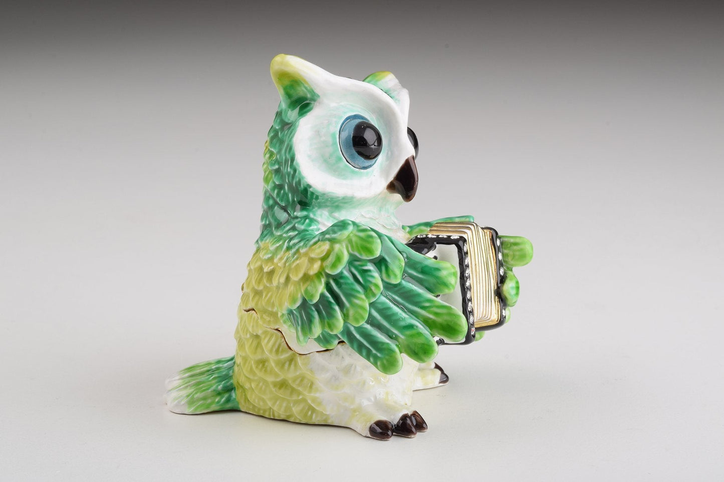 Keren Kopal Green Owl Playing Accordion Trinket Box