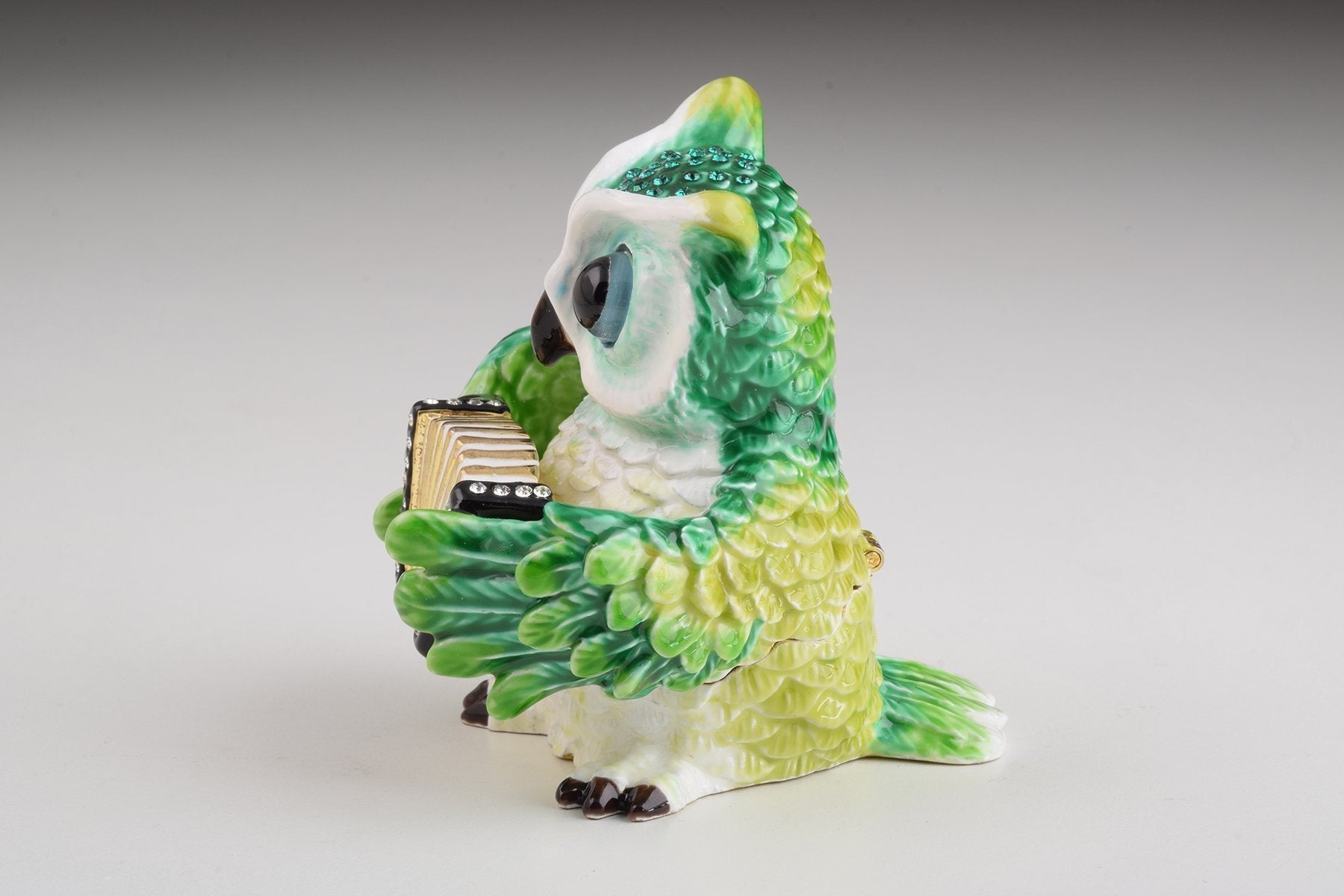 Keren Kopal Green Owl Playing Accordion Trinket Box