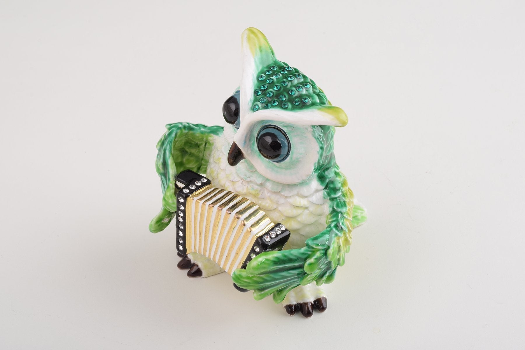 Keren Kopal Green Owl Playing Accordion Trinket Box
