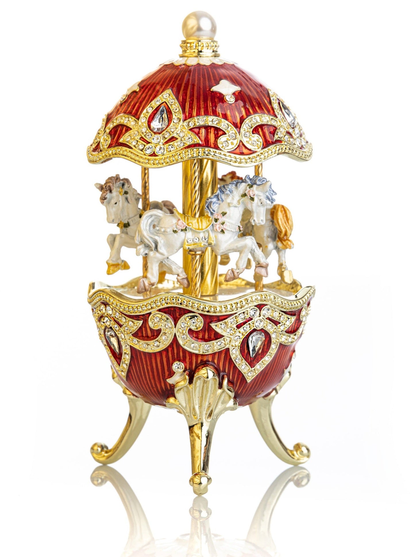 Red Wind up Horse Carousel Faberge Style Egg - Exquisite Decor