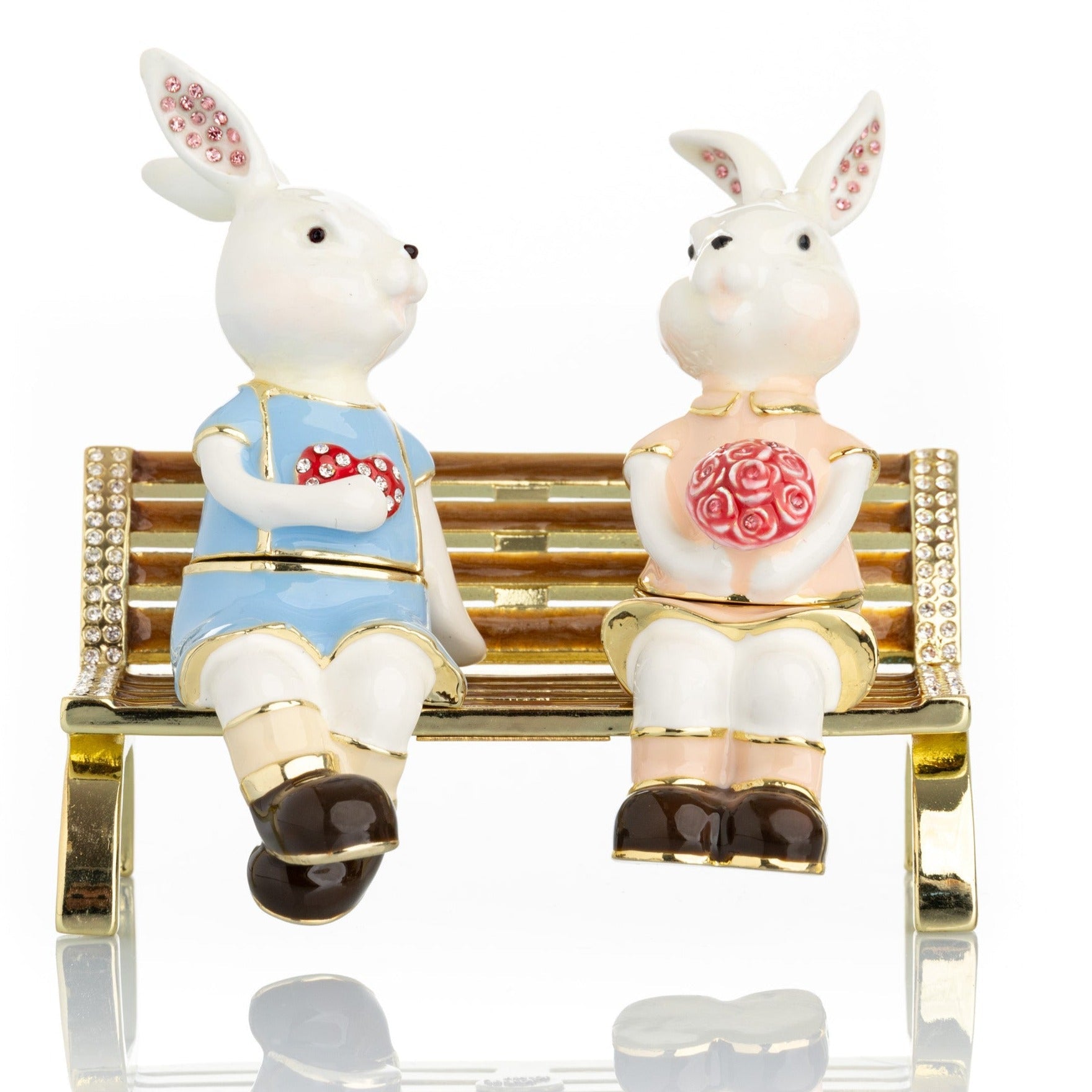 2 bunnies in love sitting on a bench, valentine flowers and chocolates - Exquisite Decor