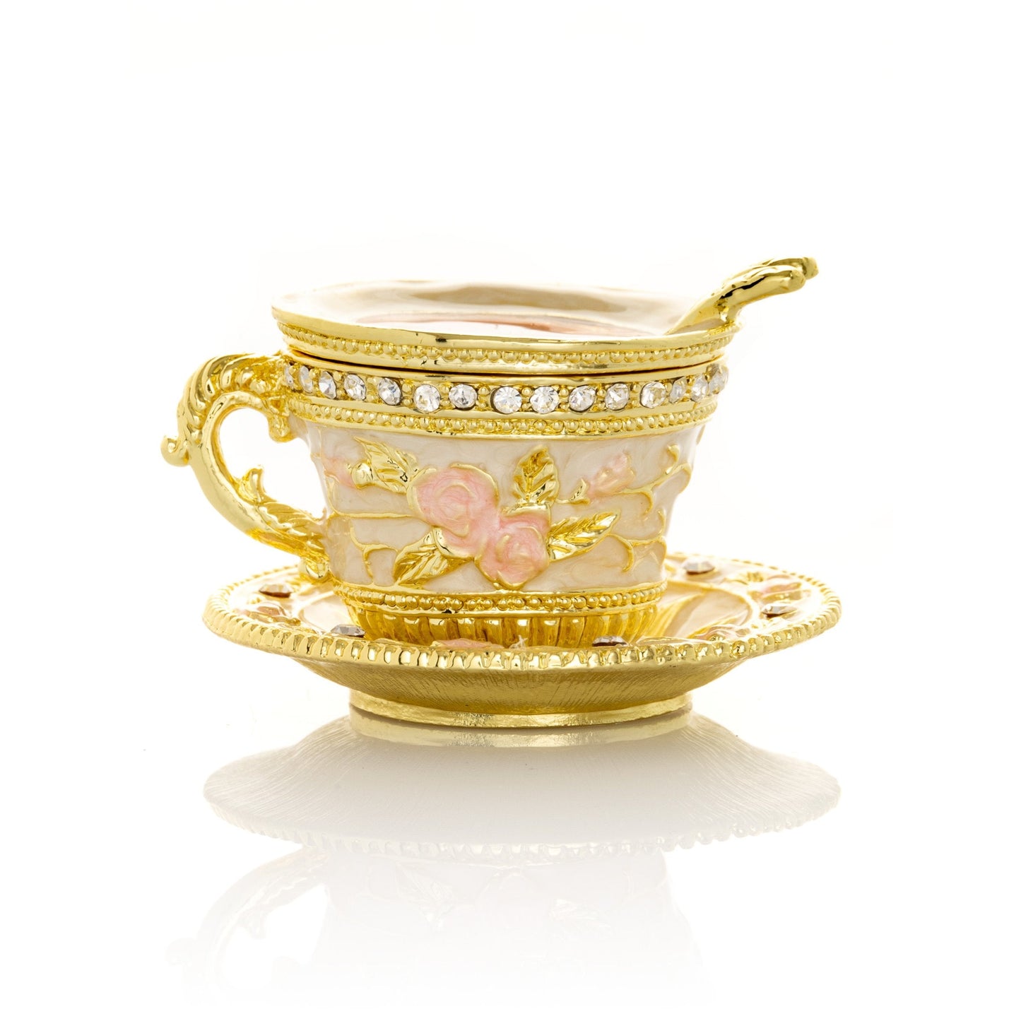 Golden Tea Cup with Pink Roses - Exquisite Decor